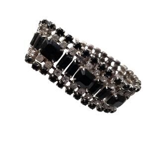 Vintage Black Clear Rhinestone Wide Bracelet, Silver Tone, 1950s Jewelry